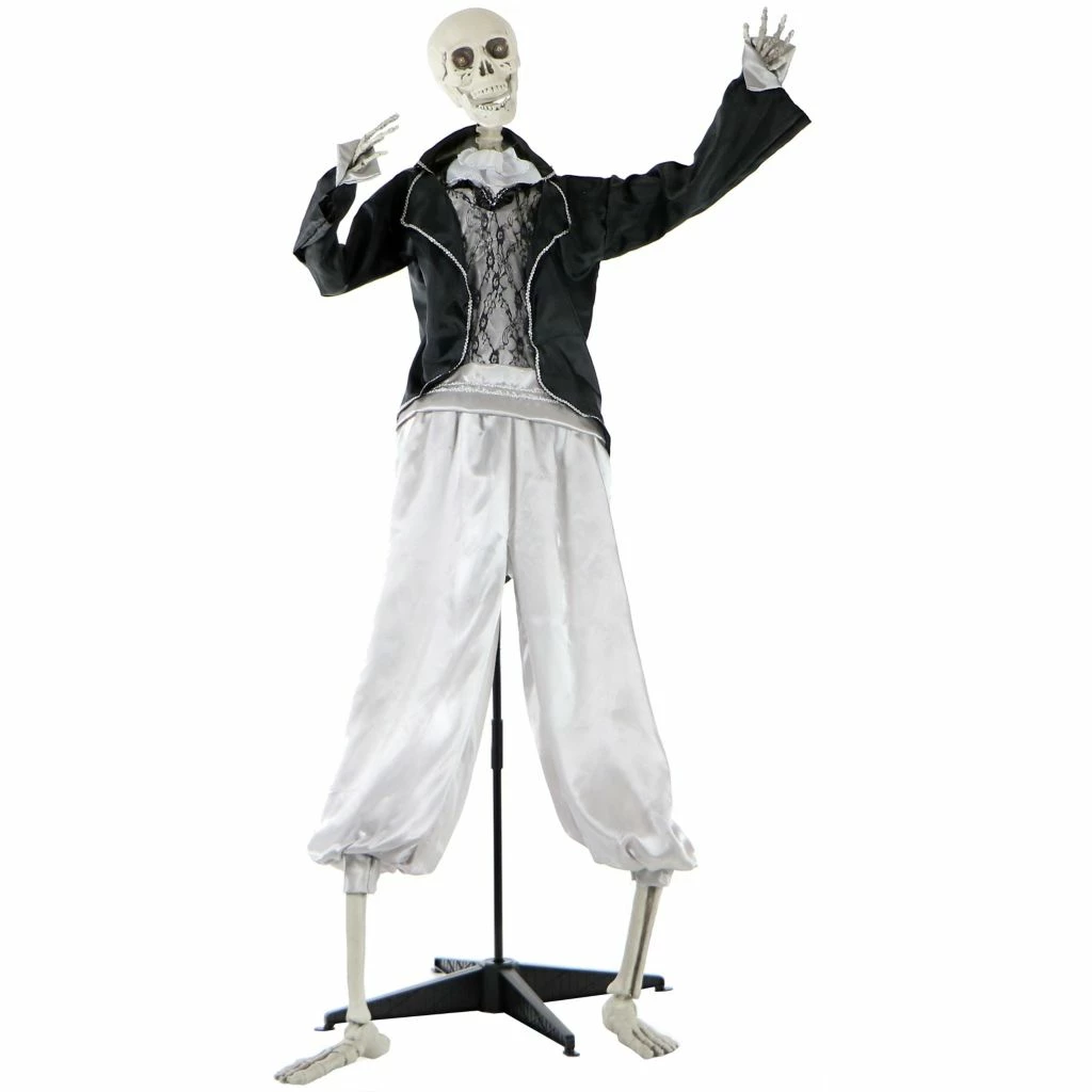 Haunted Hill Farm Life-Size Talking Skeleton Groom Prop with Flashing Eyes, Indoor/Outdoor Halloween Decor, Bones