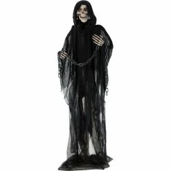 Haunted Hill Farm Life-Size Grim Reaper Prop with Chain and Rotating Head, Indoor/Outdoor Halloween Decor, Shackles