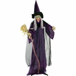 Haunted Hill Farm Life-Size Talking Witch with Broomstick & Rotating Body, Indoor/Outdoor Halloween Decor