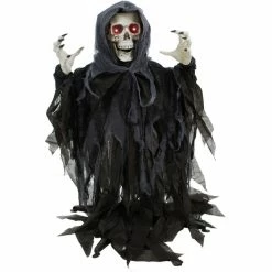 Haunted Hill Farm 46 in. Animatronic Reaper Skeleton, Indoor/Outdoor Halloween Decor, Flashing Red Eyes, Poseable