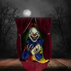 Haunted Hill Farm Animatronic Clown, Indoor/Outdoor Halloween Decor, Flashing Red Eyes, Talking, Battery-Operated, HHFTCL-1HLSA