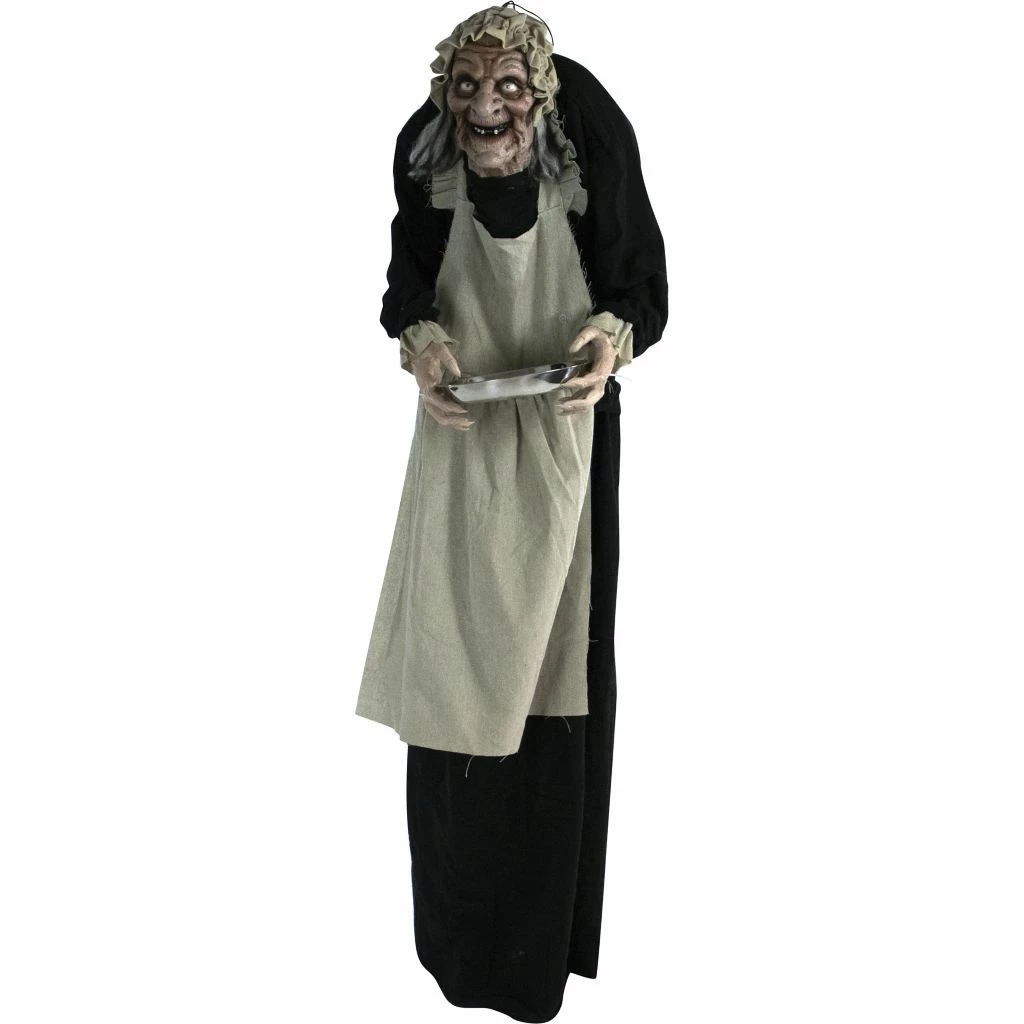 Haunted Hill Farm Life-Size Animatronic Zombie Maid, Indoor/Outdoor Halloween Decor, Flashing Red Eyes, Moving