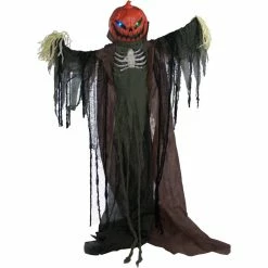 Haunted Hill Farm Life-Size Animatronic Scarecrow, Indoor/Outdoor Halloween Decor, Flashing Colorful Eyes, Poseable