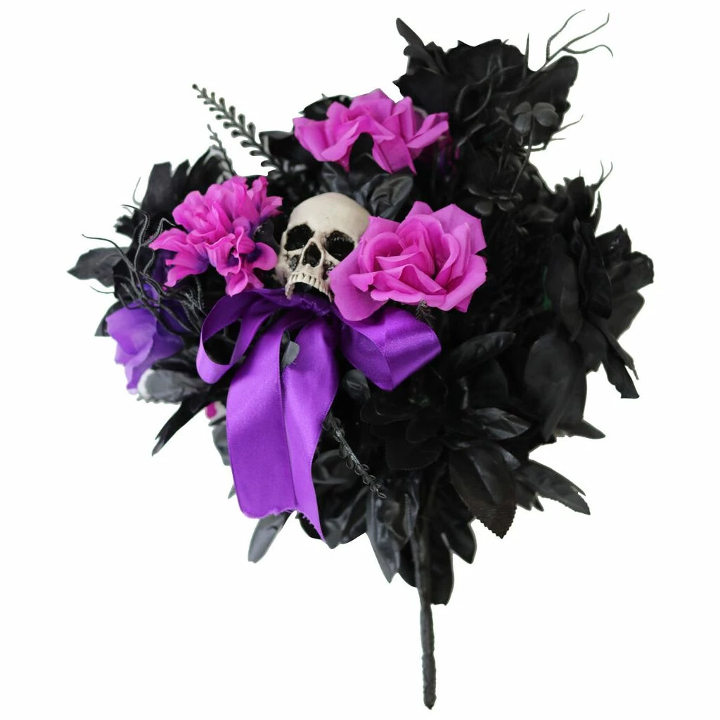 Haunted Hill Farm 15 in. Halloween Bouquet Decoration Piece, with Black and Pink Flowers and Skull, HHBOQSKL-1