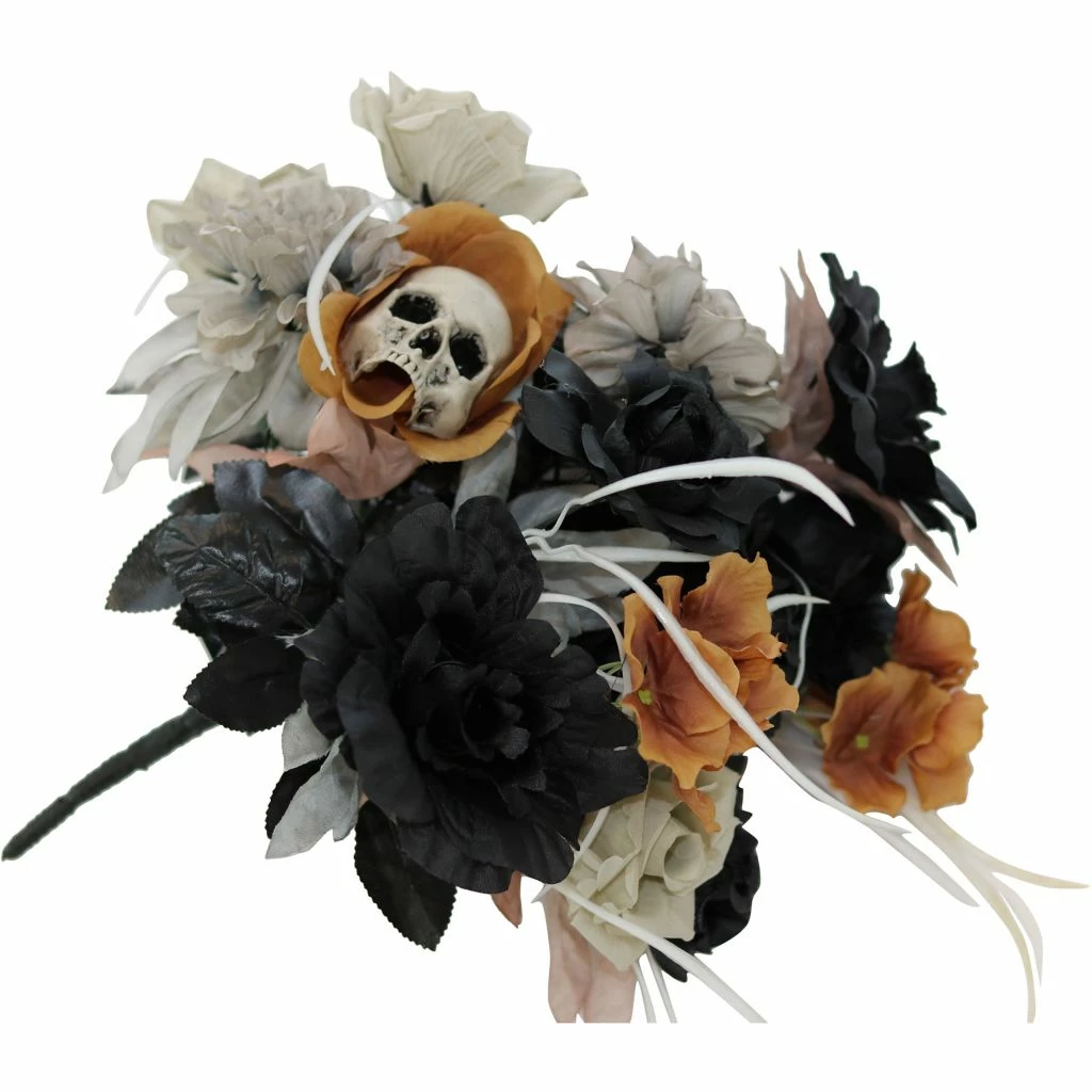 Haunted Hill Farm 15 in. Halloween Bouquet Decoration Piece, with Black and Off-White Flowers and Skull, HHBOQSKL-2