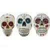 Haunted Hill Farm 5.5 in. Off-White Sugar-Skull Inspired Day of The Dead Decorative Skulls, 3 pk.