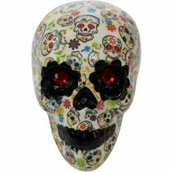 Haunted Hill Farm 5.5 in. Sugar-Skull Inspired Day of The Dead Decorative Skull, Blue, Black, Pink, Red & Green, HHDODSKL-2S