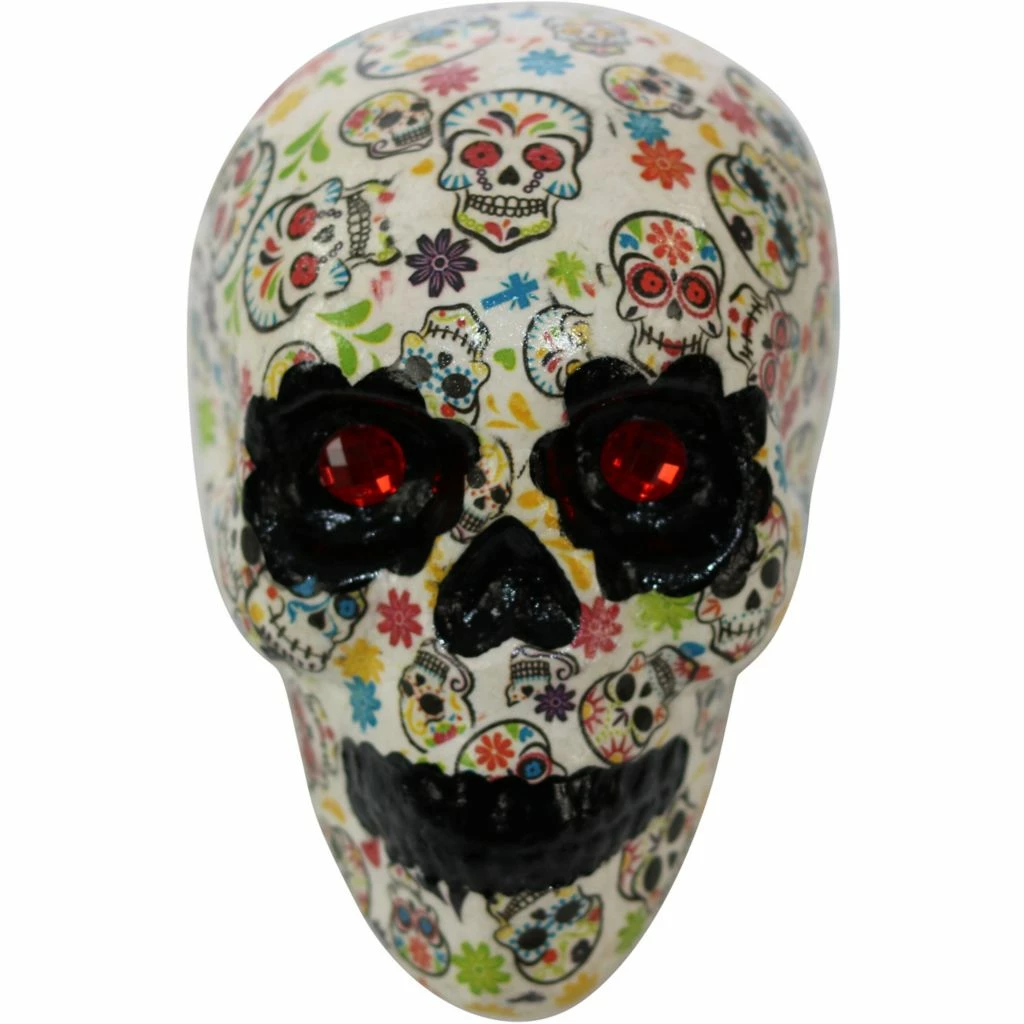 Haunted Hill Farm 5.5 in. Sugar-Skull Inspired Day of The Dead Decorative Skull, Blue, Black, Pink, Red & Green, HHDODSKL-2S