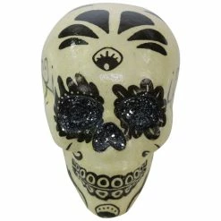 Haunted Hill Farm 5.5 in. Off-White Sugar-Skull Inspired Day of The Dead Decorative Skull, Black and Silver Accents, HHDODSKL-3S
