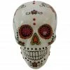 Haunted Hill Farm 5.5 in. White Sugar-Skull Inspired Day of The Dead Decorative Skull, Yellow, Pink, and Orange, HHDODSKL-4S