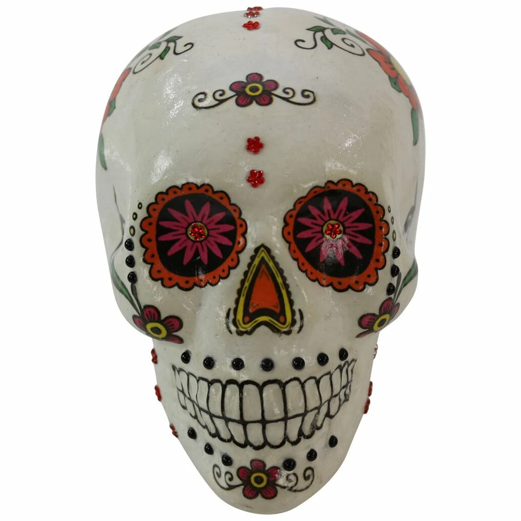 Haunted Hill Farm 5.5 in. White Sugar-Skull Inspired Day of The Dead Decorative Skull, Yellow, Pink, and Orange, HHDODSKL-4S