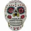 Haunted Hill Farm 5.5 in. White Sugar-Skull Inspired Day of The Dead Skull, Yellow, Pink, Black, and Blue Accents