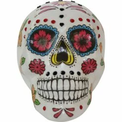 Haunted Hill Farm 5.5 in. White Sugar-Skull Inspired Day of The Dead Skull, Yellow, Pink, Black, and Blue Accents