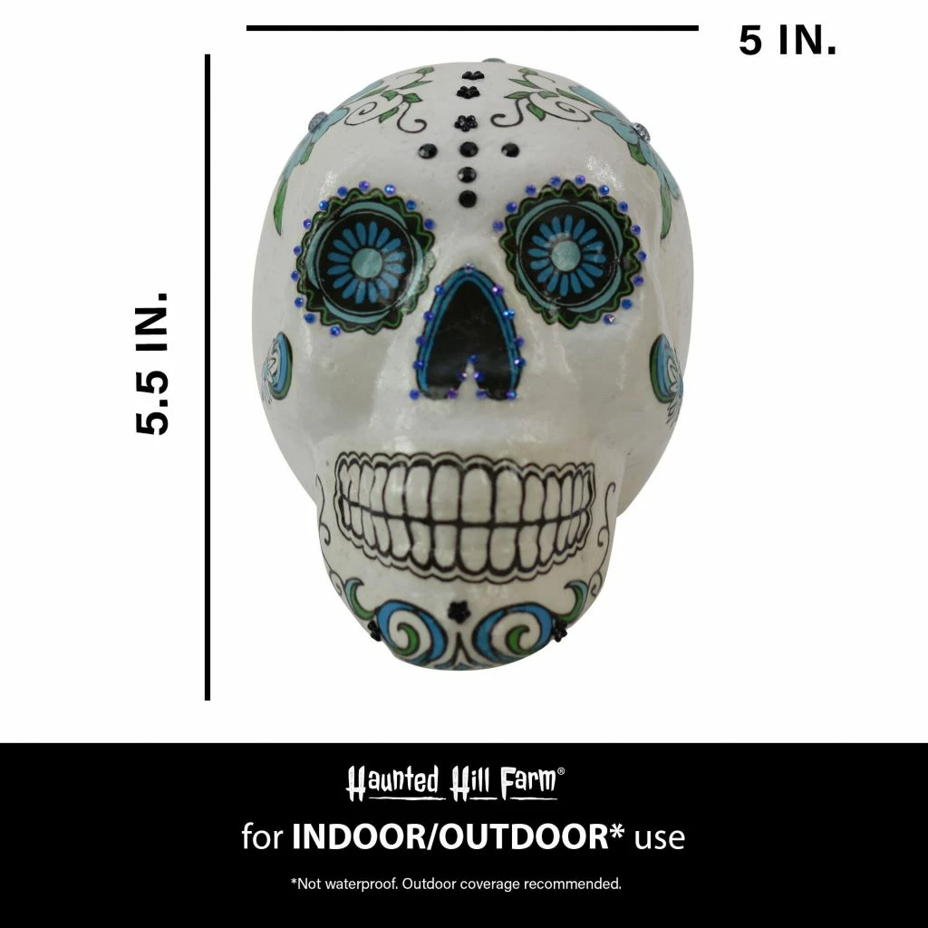 Haunted Hill Farm 5.5 in. White Sugar-Skull Inspired Day of The Dead Decorative Skull, with Black and Blue Accents, HHDODSKL-6S