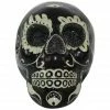 Haunted Hill Farm 5.5 in. Black Sugar-Skull Inspired Day of The Dead Decorative Skull, White Accents, Silver, HHDODSKL-7S