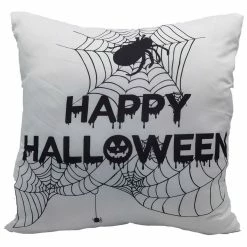 Haunted Hill Farm 15.5 in. Happy Halloween Spider Web Accent Pillow, Indoor Spooky Decoration, White, HHFHLWNPLW-WHT1