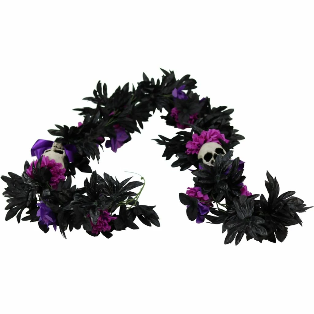 Haunted Hill Farm 6 ft. Gothic Skull Garland, with Pink and Purple Flowers, Halloween Decoration, HHGARSKL-1