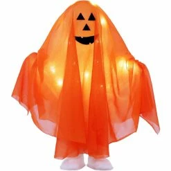 Haunted Hill Farm 1.3 ft. Orange Light-Up Ghost, White LED, Indoor/Outdoor Halloween Decoration, Kid-Friendly, HHGHST-2STKL