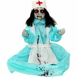 Haunted Hill Farm 1.8 ft. Animatronic Nurse, Indoor/Outdoor Halloween Decoration, Red LED Eyes, Poseable, Carrie, HHMNNURS-1FLS