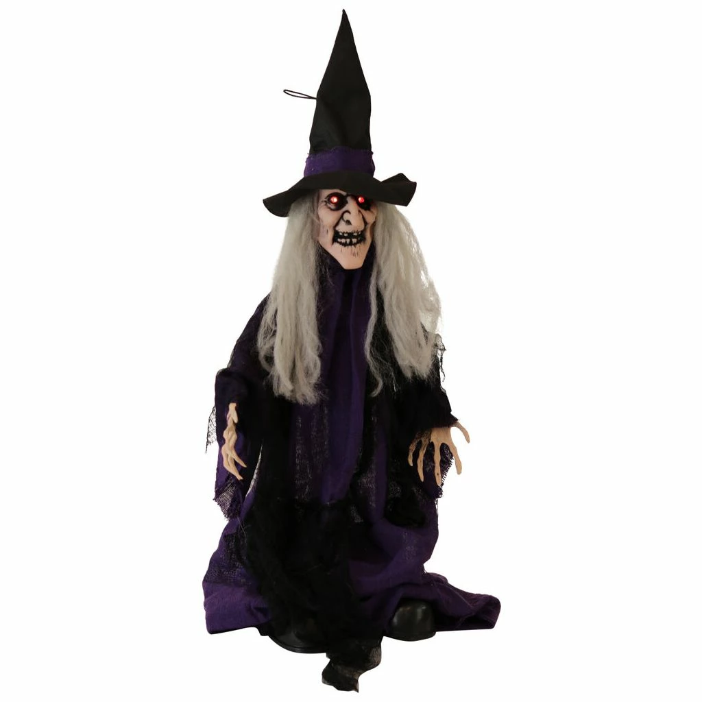 Haunted Hill Farm 2.25 ft. Animatronic Witch, Indoor/Outdoor Halloween Decoration, Red LED Eyes, Poseable, Hazel, HHMNWTC-1FLSA