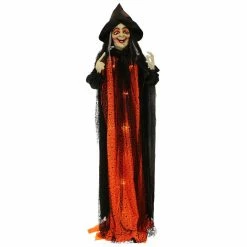 Haunted Hill Farm 5.42 ft. Standing Witch, Indoor/Outdoor Halloween Decoration, LED Red Eyes, Poseable, Scarlet, HHWITCH-21FLS