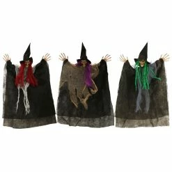 Haunted Hill Farm Set of Three 1.5 ft. Hanging Witches, Multi-Color Hair, Poseable, HHWITCH-36H