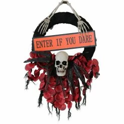 Haunted Hill Farm 2.25 ft. Wreath, with Skull & "Enter If You Dare" Sign, Battery Operated, Halloween Decoration, HHWTHSKL-1S
