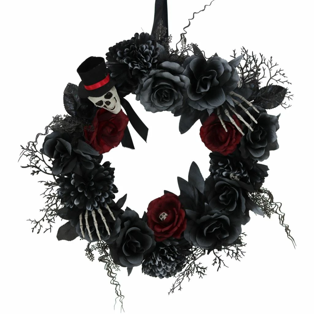 Haunted Hill Farm 1.4 ft. Wreath with Skull and Hands, Indoor/Outdoor Halloween Decoration